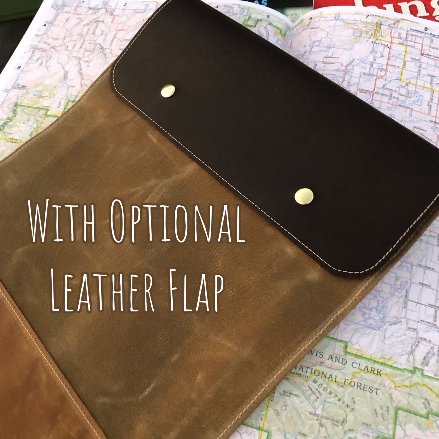 brown waxed canvas bag for oversized maps and recreation guides with the optional waxed leather top flap