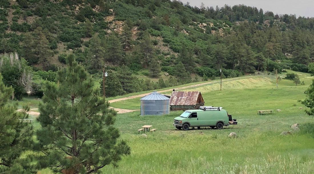 Road Dirt and Pie, a tiny workshop on wheels built from an old Chevy work van. Camped in the foothills of the Rocky Mountains, in Colorado.