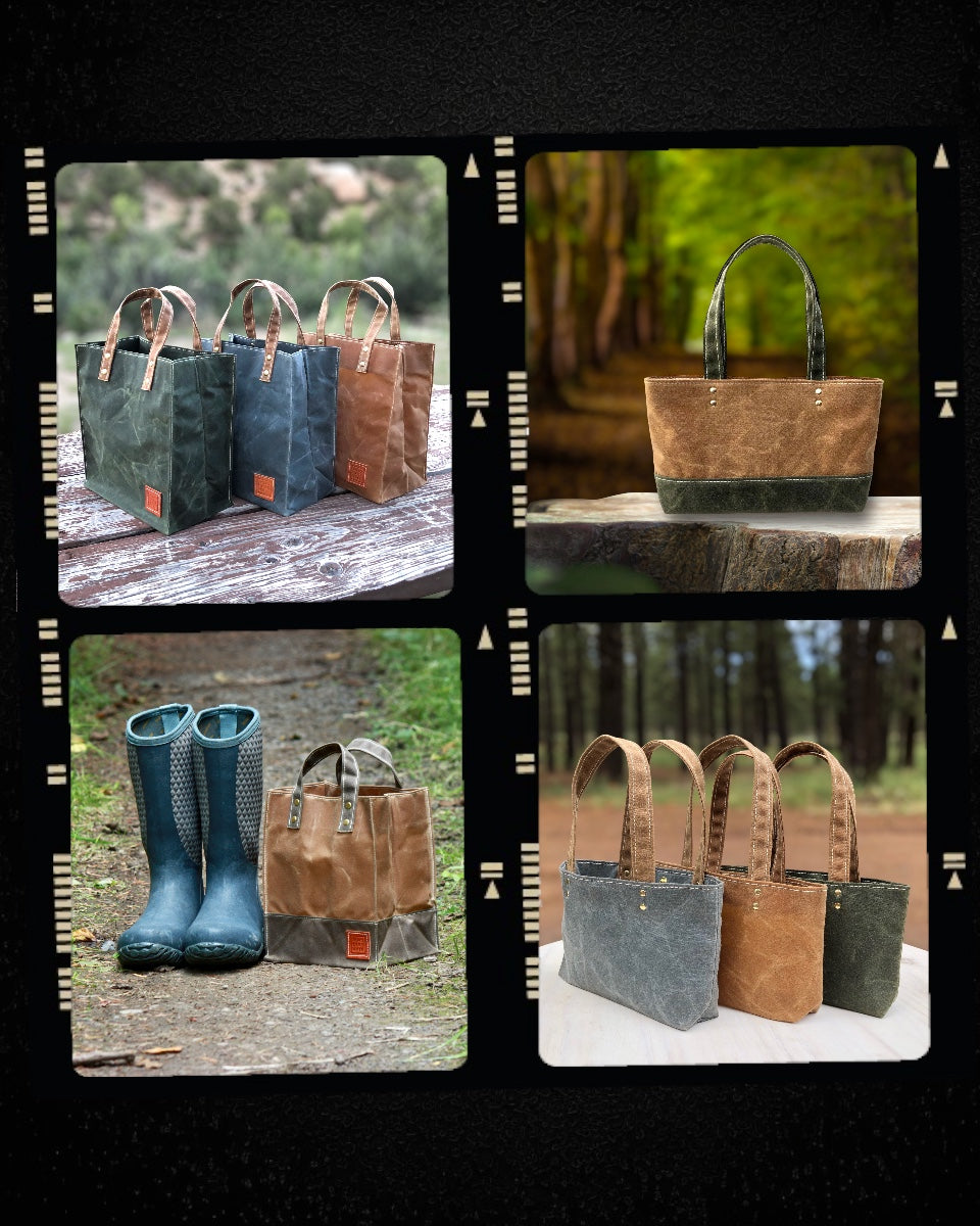 Small waxed canvas tote bag displayed in green, gray and brown color options. Handcrafted by Road Dirt and Pie.