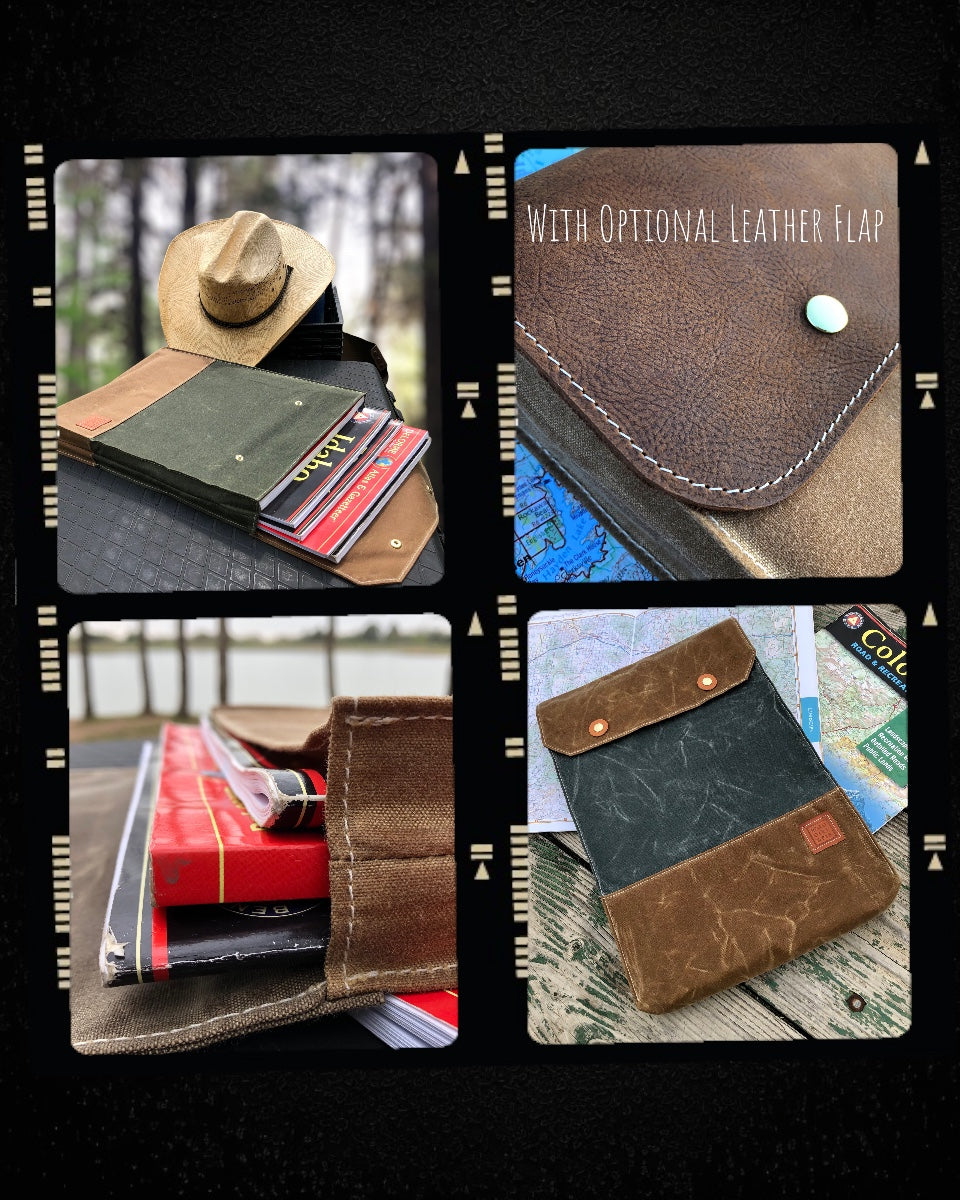 Waxed Canvas Overland Map Bag Collection. Available in several colors and with an optional leather top flap. Handcrafted by Road Dirt and Pie. Made in the USA.