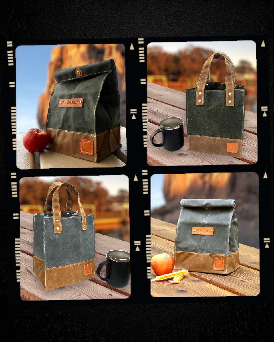 Waxed Canvas Lunch Bags and Lunch Totes, sized just right for sandwich sized containers. Handcrafted in a tiny workshop on wheels, by Road Dirt and Pie. Made in USA.