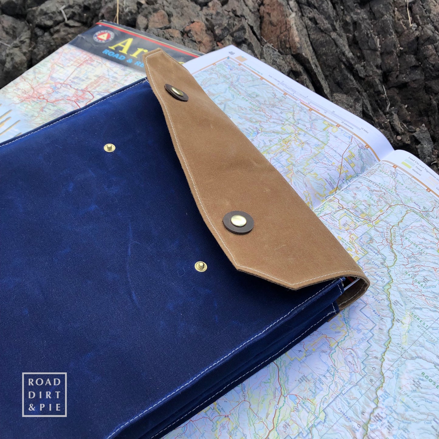 Overland Map Bag, Blue and Caramel Waxed Canvas