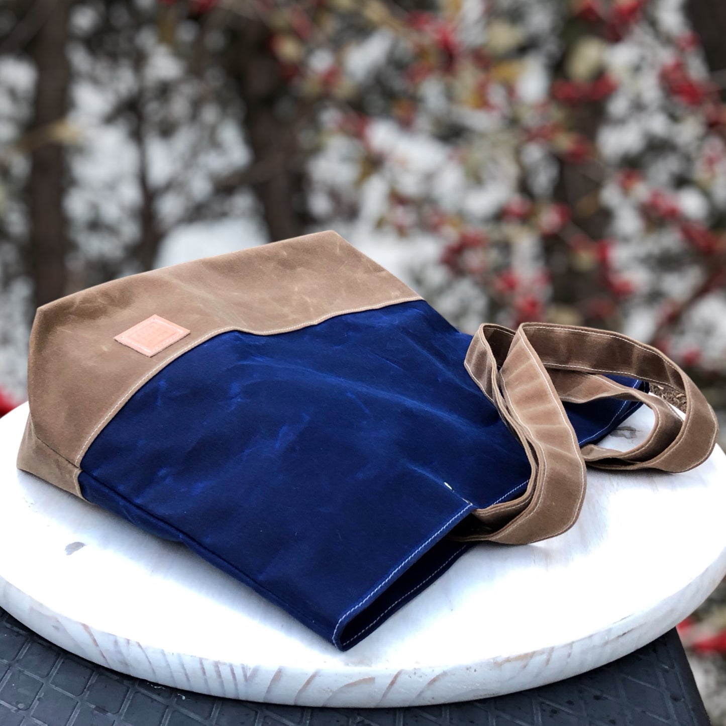 Shoulder Bag - Blue and Caramel Brown Waxed Canvas