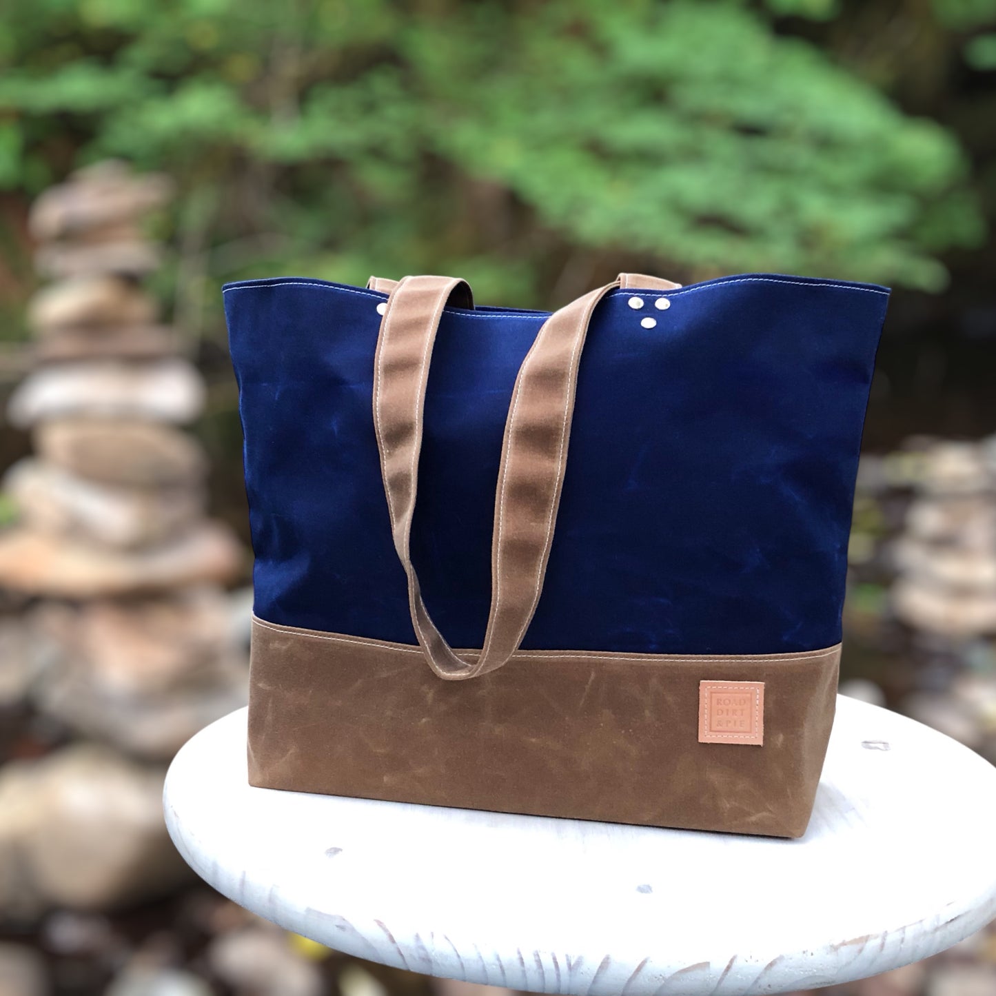 Shoulder Bag - Blue and Caramel Brown Waxed Canvas