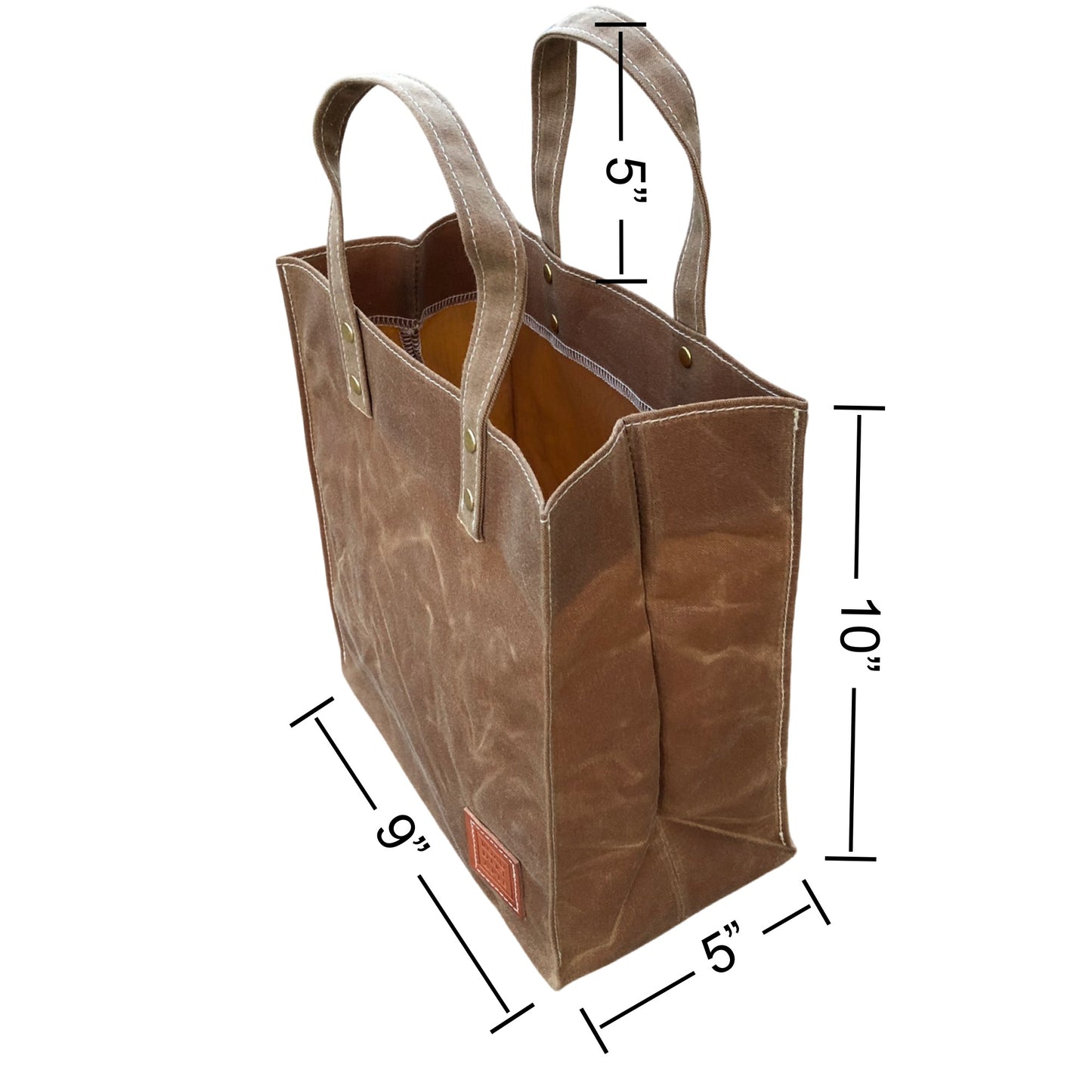 Small tote dimensions. 9” wide by 5” deep and 10” tall, with a 5” handle drop.