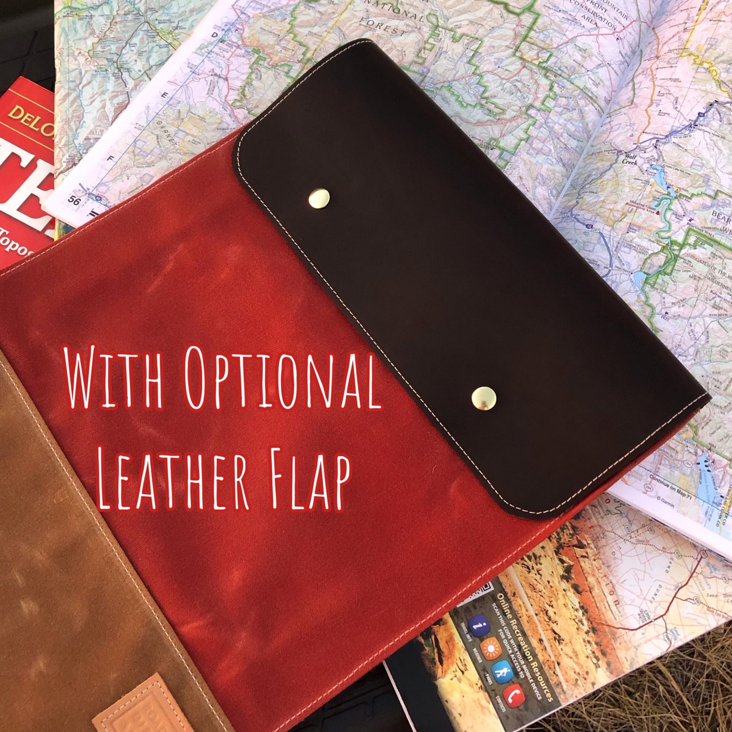 red and caramel brown soft document or map case with a dark brown leather top flap